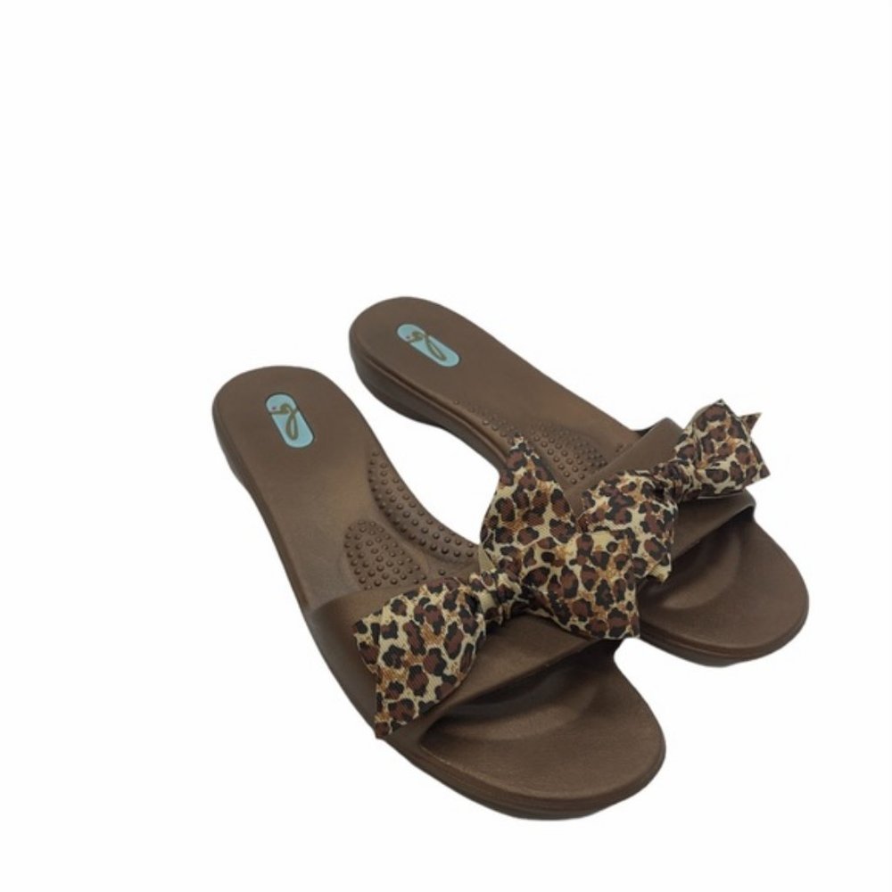 OKA b. Jasmine | Copper Brown Leopard Slip-On Sandals | Bow Detail | Women's M/L